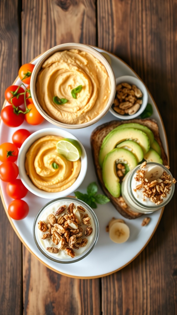 A variety of quick and easy snacks including hummus, cherry tomatoes, avocado toast, mixed nuts, and a yogurt parfait on a wooden table.